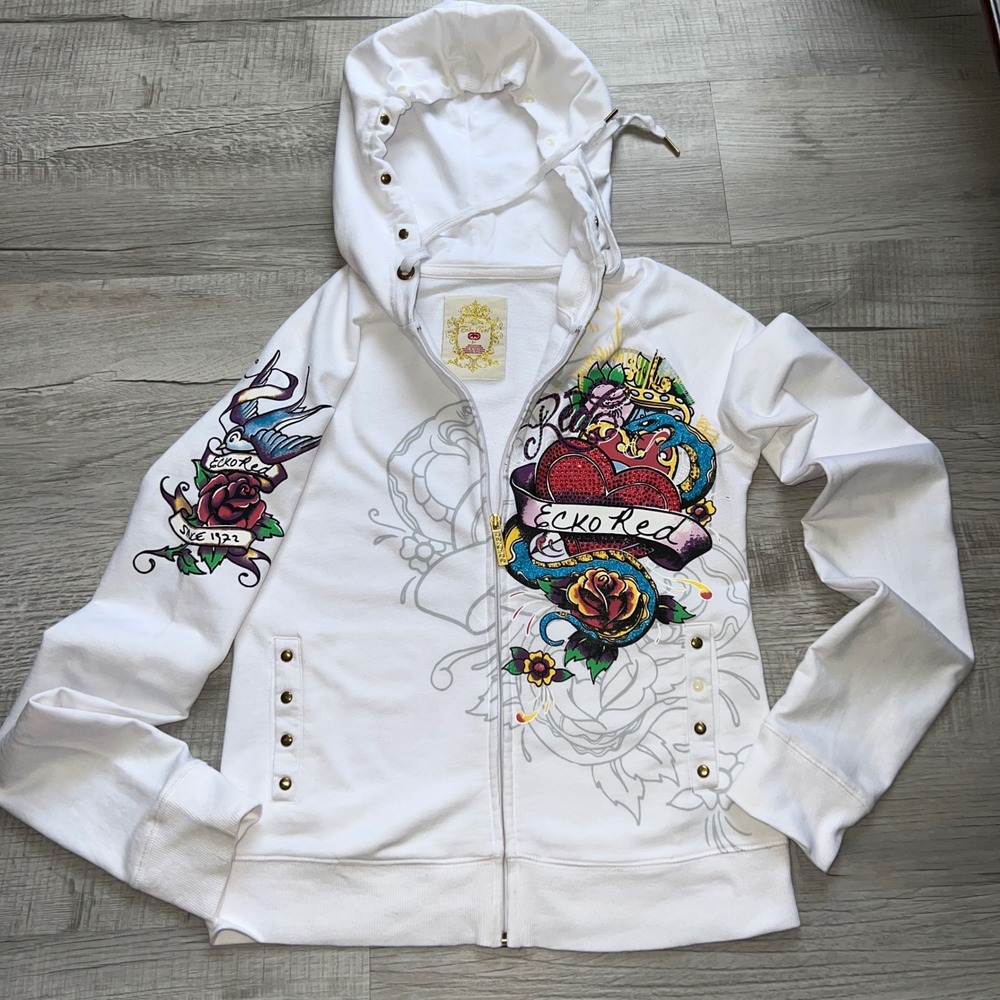 VTG Ecko Red Womens White Tattoo Graphic Zip Up Hoodie Rhinestone Heart Y2K M - Picture 2 of 12